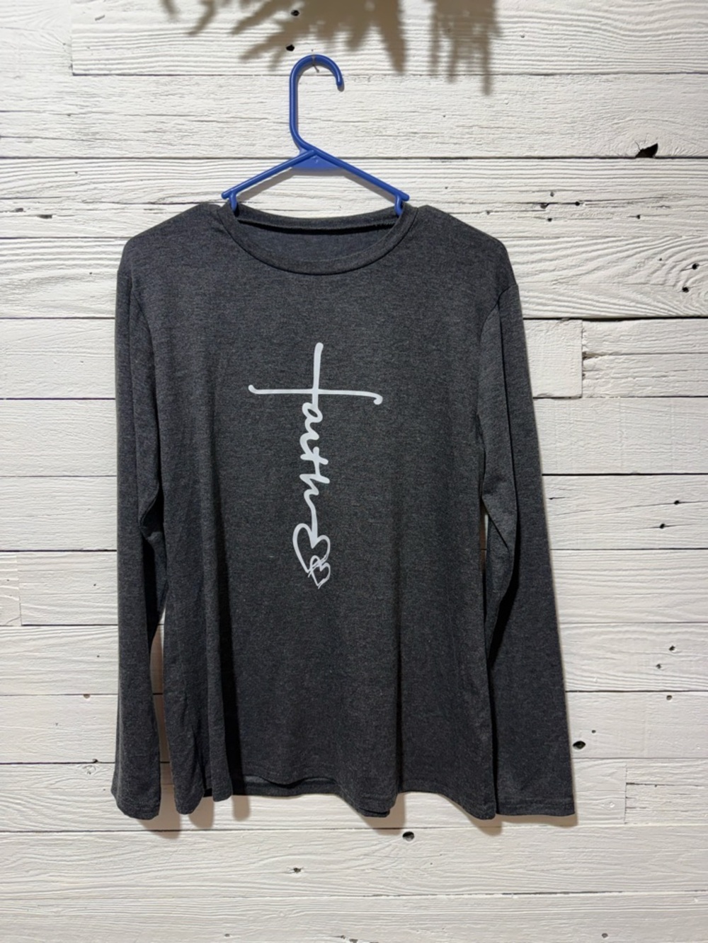 Faith Script Cross Long Sleeve Tee - Charcoal Womens Relaxed Fit